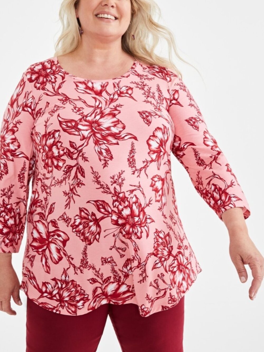 Jm Collection Printed 3/4-Sleeve Top Peach Floral Plus Size 1X